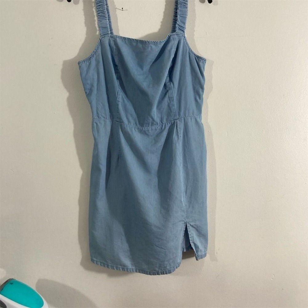 Arizona Jean Co Denim Mini‎ Dress Women Large Blue Pre Owned Ruched Slit Smocked